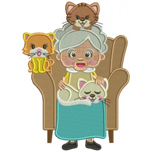 Grandma With Cats Sitting On The Armchair Filled Machine Embroidery Design Digitized Pattern