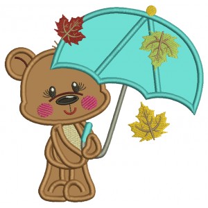 Little Bear Holding a Big Umbrella Fall Applique Machine Embroidery Design Digitized Pattern