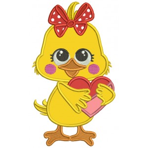 Little Chick Holding Big Heart Valentine's Day Applique Machine Embroidery Design Digitized Pattern