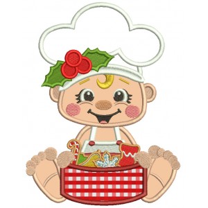 Little Cook With Box Of Cookies Christmas Applique Machine Embroidery Design Digitized Pattern