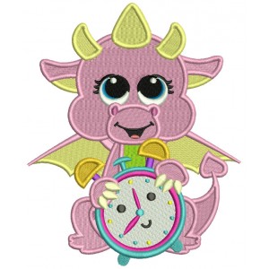 Little Dragon Holding An Alarm Clock Filled Machine Embroidery Design Digitized Pattern