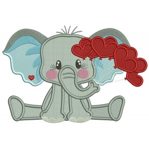 Little Elephant Holding Hearts On The String Valentine's Day Filled Machine Embroidery Design Digitized Pattern