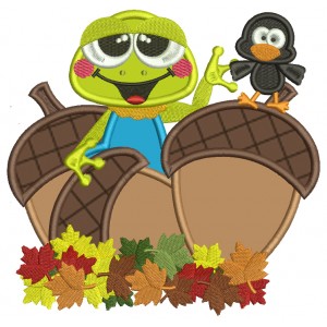 Little Frog With a Bird And Acorns Fall Applique Machine Embroidery Design Digitized Pattern