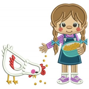 Little Girl Feeding a Rooster Applique Machine Embroidery Digitized Design Pattern