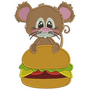 Little Mouse Holding a Big Hamburger Filled Machine Embroidery Design Digitized Pattern