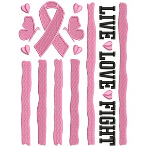Live Love Fight Breats Cancer Ribbon And Butteflies Filled Machine Embroidery Design Digitized Pattern