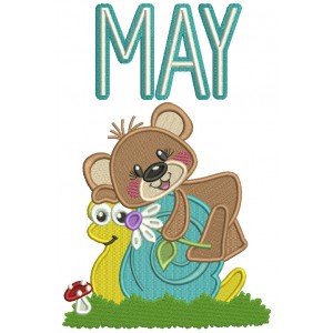 MAY Cute Bear And a Snail Filled Machine Embroidery Design Digitized Pattern