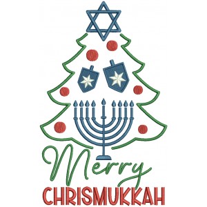 Merry Chrismukkah Christmas Tree And Menorah Filled Machine Embroidery Design Digitized Pattern