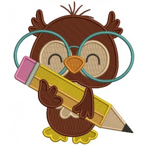 Owl With Big Glasses Holding a Pencil School Filled Machine Embroidery Design Digitized Pattern