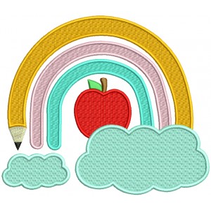 Pencil Rainbow Apple And Clouds School Filled Machine Embroidery Design Digitized Pattern
