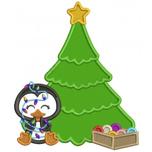 Penguin With Lights And Christmas Tree Applique Machine Embroidery Design Digitized Pattern