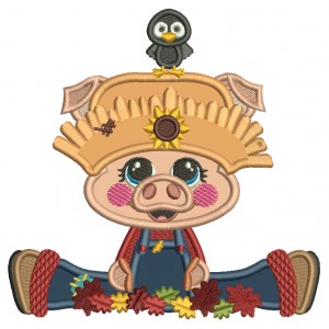 Piggy Farmer Leaves and a Little Bird Applique Machine Embroidery Design Digitized Pattern