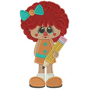 Rag Doll Girl Holding Big Pencil School Filled Machine Embroidery Design Digitized Pattern