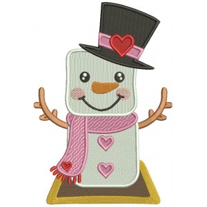 Snowman Wearing a Tall Hat With Heart Valentine's Day Filled Machine Embroidery Design Digitized Pattern