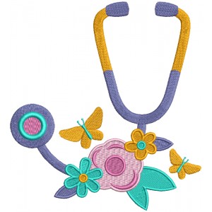 Stethoscope WIth Flowers And Butterflies Medical Filled Machine Embroidery Design Digitized Pattern