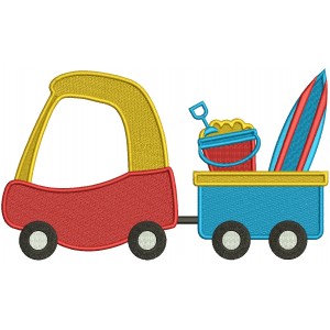 Toy Truck Pulling Wagon With Sand Bucket And Surfboard Summer Filled Machine Embroidery Design Digitized Pattern