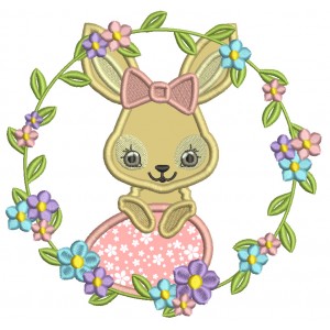 Wreath Easter Bunny Holding Egg Applique Machine Embroidery Design Digitized Pattern