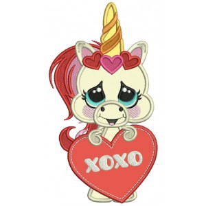 XOXO Unicorn Holding Big Heart Valentine's Day Applique Machine Embroidery Design Digitized Pattern