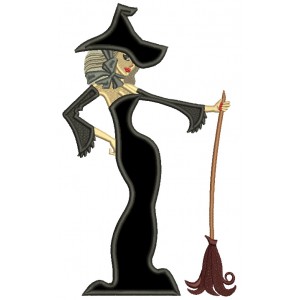Beautiful Witch With a Broom Halloween Applique Machine Embroidery Design Digitized Pattern