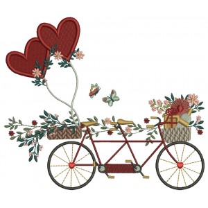 Bicycle With Flowers And Two Heart Shaped Balloons Valentine's Day Filled Machine Embroidery Design Digitized Pattern