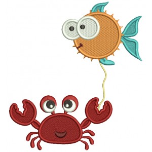 Crab Holding Fish On a String Filled Machine Embroidery Design Digitized Pattern