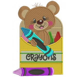 Cute Bear Holding Crayons School Filled Machine Embroidery Design Digitized Pattern