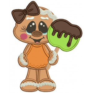 Cute Gingerbread Girl Holding Apple Covered With Chocolate Applique Thanksgiving Machine Embroidery Design Digitized Pattern