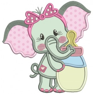Cute Little Baby Elephant Holding Milk Bottle Applique Machine Embroidery Design Digitized Pattern