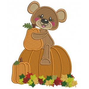 Cute Little Bear Sitting On The Giant Pumpkin With Leaves Fall Filled Machine Embroidery Design Digitized Pattern