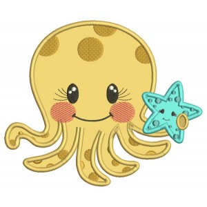 Cute Little Octopus Holding a Starfish Marine Applique Machine Embroidery Design Digitized Pattern