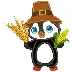 Cute Little Penguin Harvest Thanksgiving Applique Machine Embroidery Design Digitized Pattern