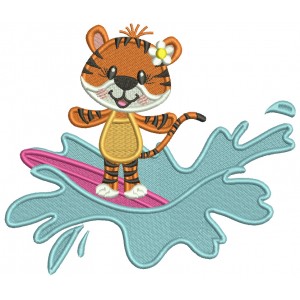 Cute Little Tiger Surfer Riding Waves Summer Filled Machine Embroidery Design Digitized Pattern