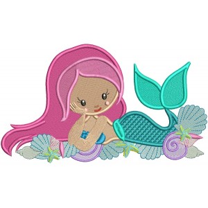 Cute Mermaid And Seashells Filled Machine Embroidery Design Digitized Pattern
