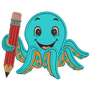 Cute Octopus Holding a BIg Pencil School Applique Machine Embroidery Design Digitized Pattern
