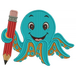 Cute Octopus Holding a BIg Pencil School Filled Machine Embroidery Design Digitized Pattern