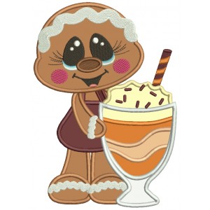 Gingerbread Girl With Hot Cup of Cocco Fall Applique Machine Embroidery Design Digitized Pattern