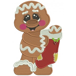Gingerbread Man Holding Christmas Stocking Filled Machine Embroidery Design Digitized Pattern