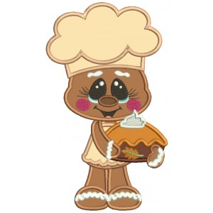 Gingerbread Man Holding Pumpkin Pie Fall Thanksgiving Applique Machine Embroidery Design Digitized Pattern
