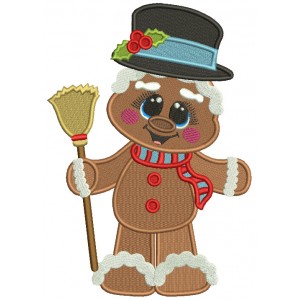 Gingerbread Man Holding a Broom Christmas Filled Machine Embroidery Design Digitized Pattern
