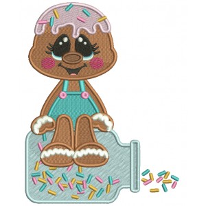 Gingerbread Man Sitting On Top Of Jar Filled With Sprinklers Filled Machine Embroidery Digitized Design Pattern