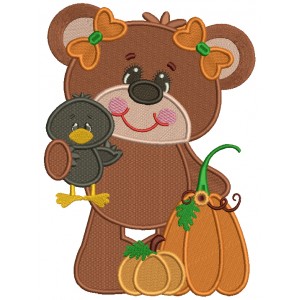 Girl Bear Holding a Bird Fall Thanksgiving Filled Machine Embroidery Design Digitized Pattern