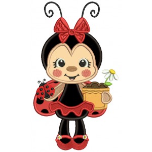 Girl Ladybug Holding Flower Pot Applique Machine Embroidery Design Digitized Pattern