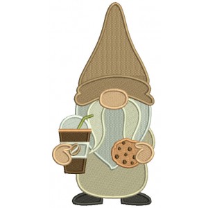 Gnome Drinking Coffee And Eating Cookies Filled Machine Embroidery Design Digitized Pattern