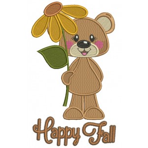 Happy Fall Bear With a Flower Filled Machine Embroidery Design Digitized Pattern