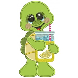 Little Turtle Holding Mason Jar With Ice Cube and Lemons Applique Machine Embroidery Design Digitized Pattern