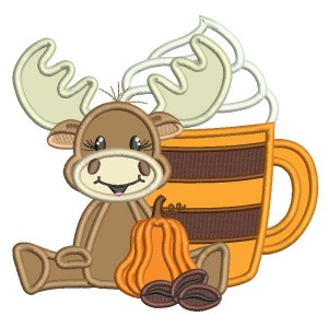 Moose With a Big Coffee Cup Fall Applique Thanksgiving Machine Embroidery Design Digitized Pattern