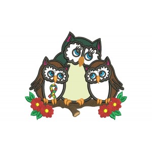 Mother Owl And Two Baby Owls Autism Awareness Applique Machine Embroidery Design Digitized