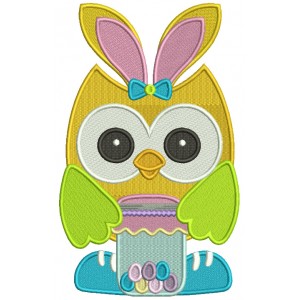 Owl Wearing Bunny Ears Holding Jar With Easter Eggs Filled Machine Embroidery Design Digitized Pattern 
