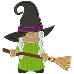Witch Wearing Huge Hat Holding a Broom Halloween Filled Machine Embroidery Design Digitized Pattern 