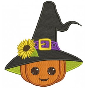 Wizard Pumpkin With Sunflower and a Big Hat Halloween Filled Machine Embroidery Design Digitized Pattern